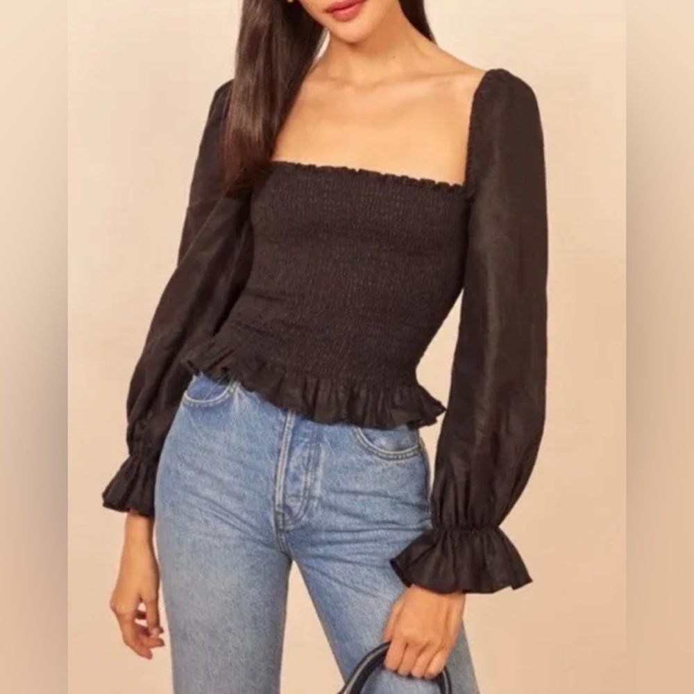 Reformation Smocked Long Sleeve Black top S